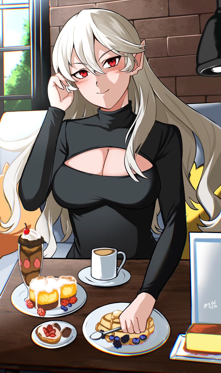 absurdres alternate_costume breasts brick_wall cleavage cleavage_cutout clothing_cutout coffee coffee_mug commentary corrin_(female)_(fire_emblem) corrin_(fire_emblem) cup dating dessert double-parted_bangs english_commentary female fire_emblem fire_emblem_fates food grey_hair hair_between_eyes highres holding holding_spoon indoors kgctcg large_breasts long_hair looking_at_viewer mug parfait plate pointy_ears pov red_eyes solo spoon