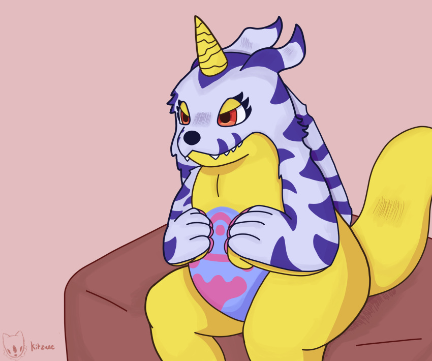 anthro bandai_namco belly belly_markings digimon digimon_(species) digital_media_(artwork) gabumon hasbro hi_res horn kitzuneart male markings red_eyes semi-anthro sitting solo tail yellow_body