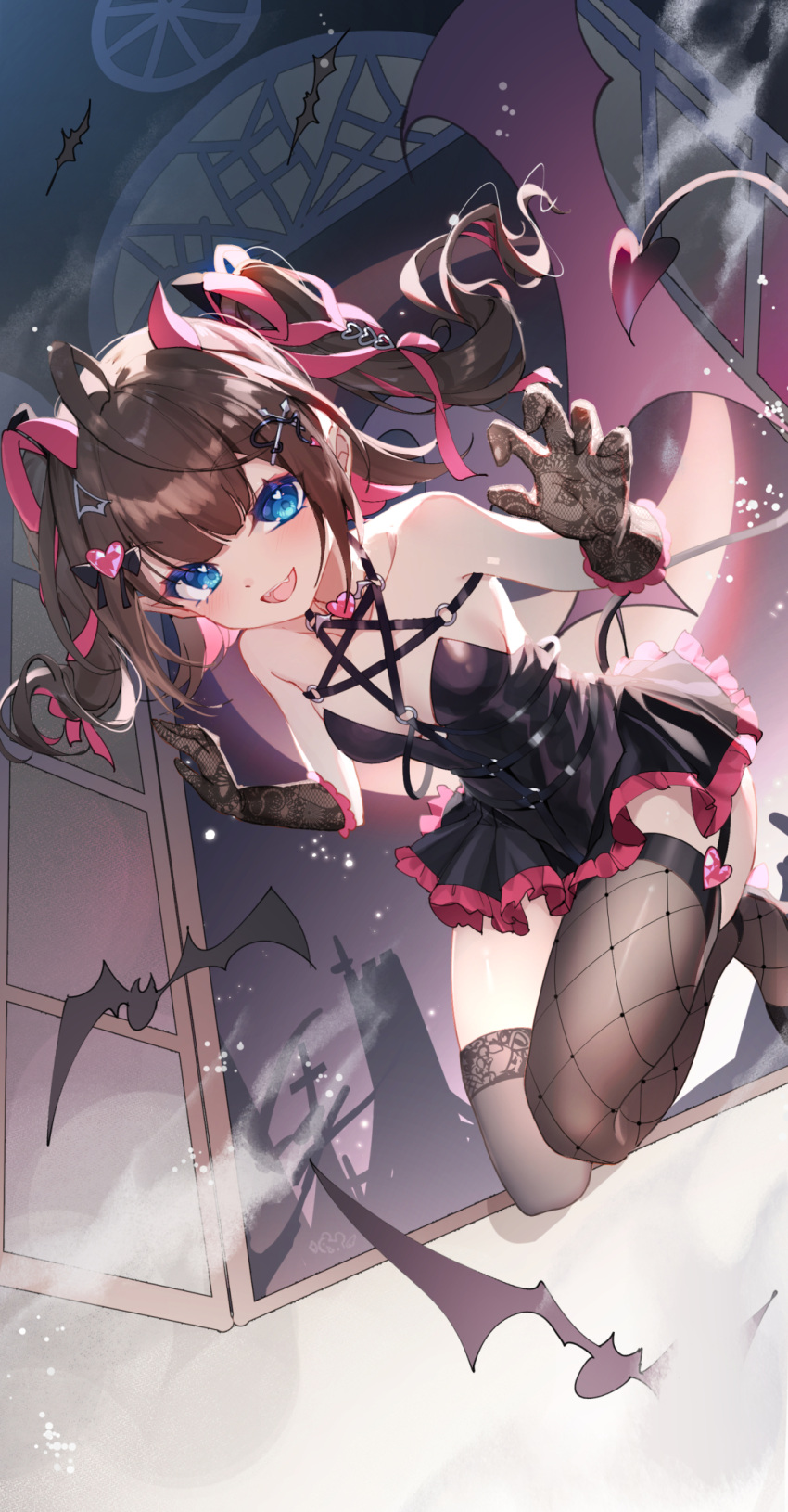 :d agari_raburi bare_shoulders bison_cangshu black_bow black_dress black_gloves blue_eyes bow breasts brown_hair brown_thighhighs claw_pose commentary_request crescent_moon demon_girl demon_horns demon_tail dress fangs female fishnet_thighhighs fishnets garter_straps gloves hair_ornament hairbow hands_up heart heart_hair_ornament highres horns lace lace_gloves long_hair looking_at_viewer moon night night_sky open_window pentagram project-sp single_fishnet_legwear sky small_breasts smile solo tail thighhighs twintails virtual_youtuber window