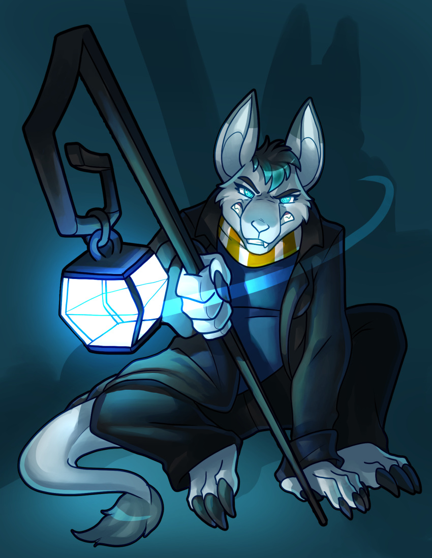 angry anthro bori_(neopets) bottomwear claws clothing ears_up female hair hi_res jacket lamp lantern looking_at_viewer neopet_(species) neopets pants ramthedragon scarf shadow sitting snaggle_tooth solo tail tail_tuft topwear tuft