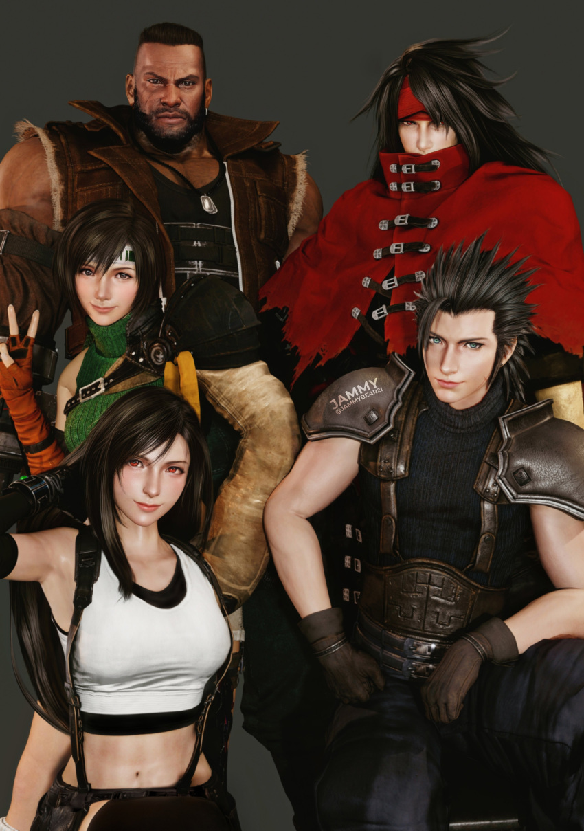 armpits barret_wallace belly_button big_breasts black_hair brown_eyes final_fantasy final_fantasy_vii final_fantasy_vii_remake jammybear long_hair looking_at_viewer petite petite_female red_eyes short_hair sports_bra teenager tifa_lockhart top vincent_valentine yuffie_kisaragi zack_fair