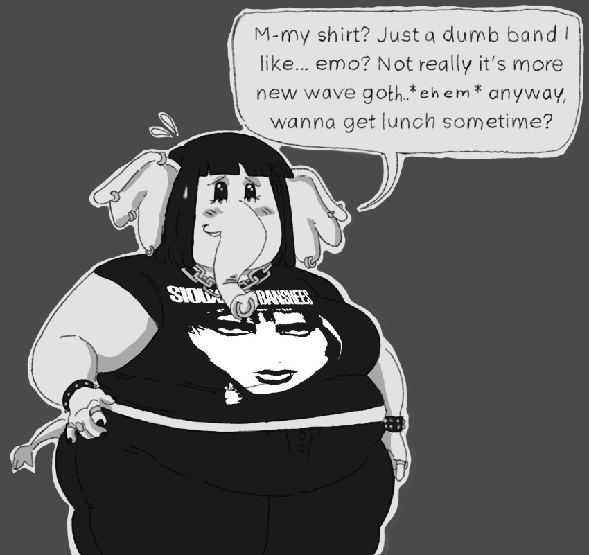 anthro band_shirt bangs belly big_belly black_hair blush bodily_fluids bottomwear bracelet chain_necklace clothing dialogue ear_piercing ear_ring elephant elephantid elise_(glubbub) english_text eyeshadow facial_piercing female flirting flirting_look flying_sweatdrops glubbub greyscale hair hi_res jewelry makeup mammal monochrome necklace nose_piercing nose_ring obese obese_anthro obese_female overweight overweight_anthro overweight_female pants piercing proboscidean ring_piercing siouxsie_and_the_banshees smile solo speech_bubble spiked_bracelet spikes sweat sweatdrop tail text