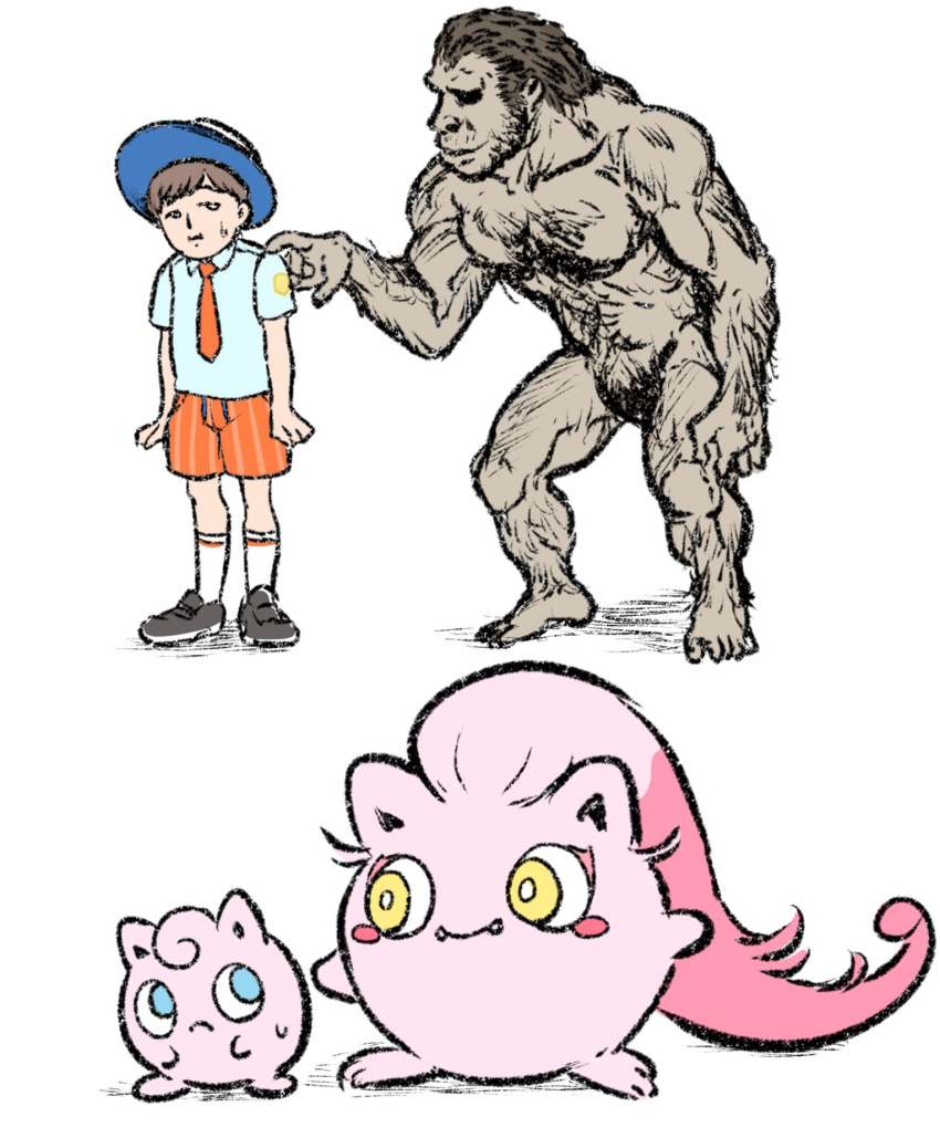 2boys blue_eyes blue_hat bright_pupils brown_hair caveman colored_skin fangs fangs_out florian_(pokemon) hat highres jigglypuff jigglypuffhatta looking_at_another male_focus multiple_boys naranja_academy_school_uniform necktie nude orange_necktie orange_shorts pink_skin pokemon pokemon_(creature) pokemon_sv school_uniform scream_tail short_hair shorts simple_background sweat white_background white_pupils yellow_eyes