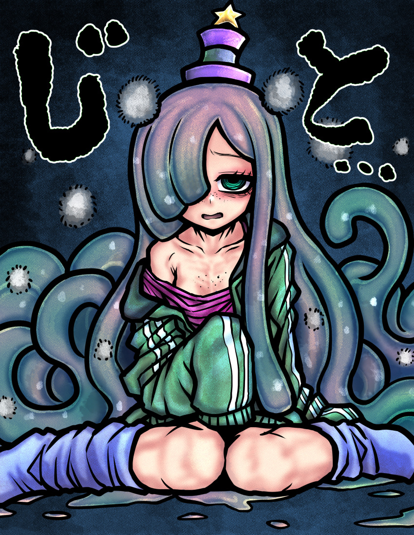 absurdres breasts commentary_request female green_eyes grey_hair hair_over_one_eye highres jacket long_hair looking_at_viewer mojo monster_girl nazo_no_diaboro parted_lips puniru_(puniru_wa_kawaii_slime) puniru_wa_kawaii_slime sitting slime_girl small_breasts solo track_jacket wariza