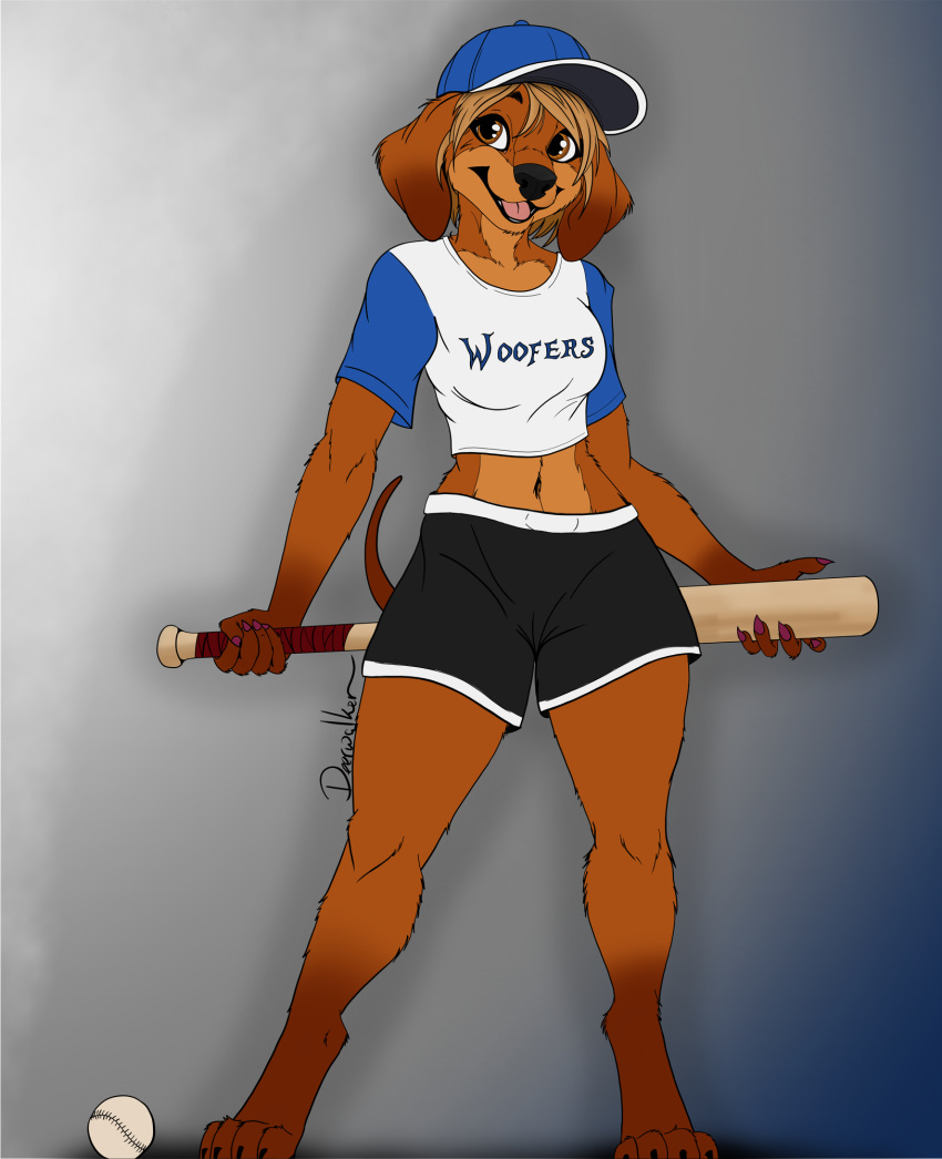 anthro ball baseball baseball_bat baseball_cap bat_(object) belly bottomwear brown_eyes brown_hair canid canine canis clothing colored_nails dachshund deerwalker digitigrade domestic_dog female flat_colors floppy_ears hair halter_top hat headgear headwear hi_res hunting_dog line_art looking_at_viewer mammal midriff nails navel shirt shorts simple_background smile smiling_at_viewer solo solo_focus sportswear t-shirt tongue topwear