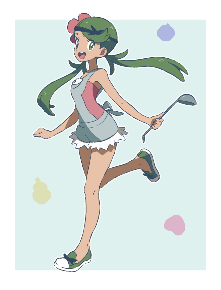 :d border clenched_hand female full_body green_eyes green_footwear green_hair grey_overalls highres holding holding_ladle knees ladle leg_up long_hair mallow_(pokemon) open_mouth overalls pink_shirt pokemon pokemon_sm rii_(mrhc7482) shirt shoes sleeveless sleeveless_shirt smile solo swept_bangs teeth tongue twintails upper_teeth_only white_border