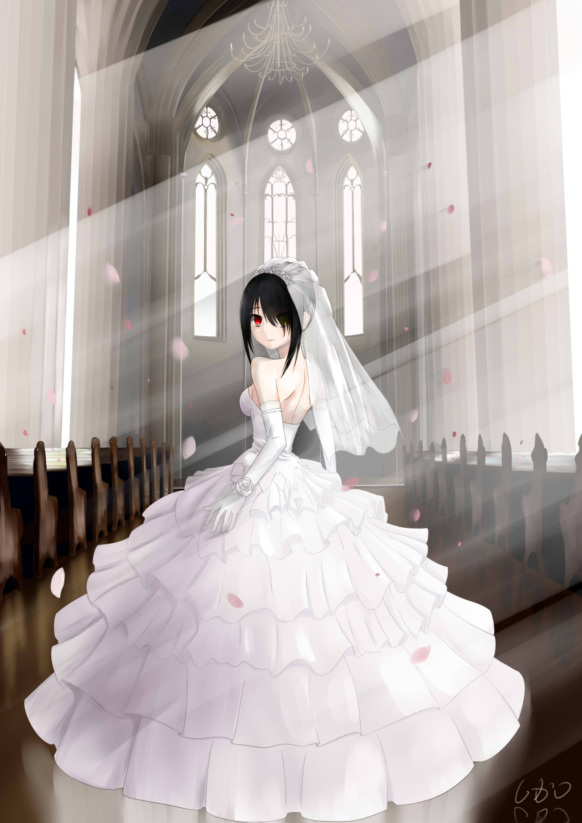 absurdres bare_shoulders black_hair breasts bridal_veil bride church commentary_request date_a_live dress elbow_gloves female gloves highres jewelry light_rays light_smile long_hair looking_at_viewer medium_breasts petals pew red_eyes rose_petals shigatsu_(4gate) short_hair shoulder_blades sideboob signature smile solo strapless strapless_dress tokisaki_kurumi veil wedding wedding_dress white_dress white_gloves wooden_floor