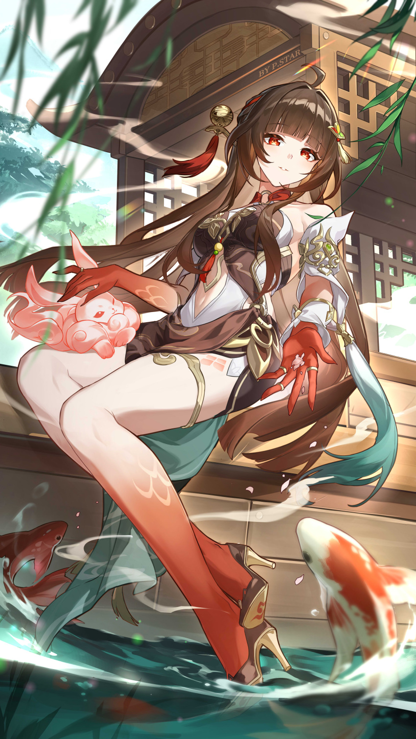 absurdres bare_legs bare_shoulders boat breasts brown_hair chinese_clothes closed_mouth colored_extremities dress female fish full_body gloves gradient_skin hair_ornament high_heels highres honkai:_star_rail honkai_(series) koi legs lingsha_(honkai:_star_rail) long_hair looking_at_viewer rabbit red_eyes shouhuxing_star sitting smile solo tassel water watercraft willow