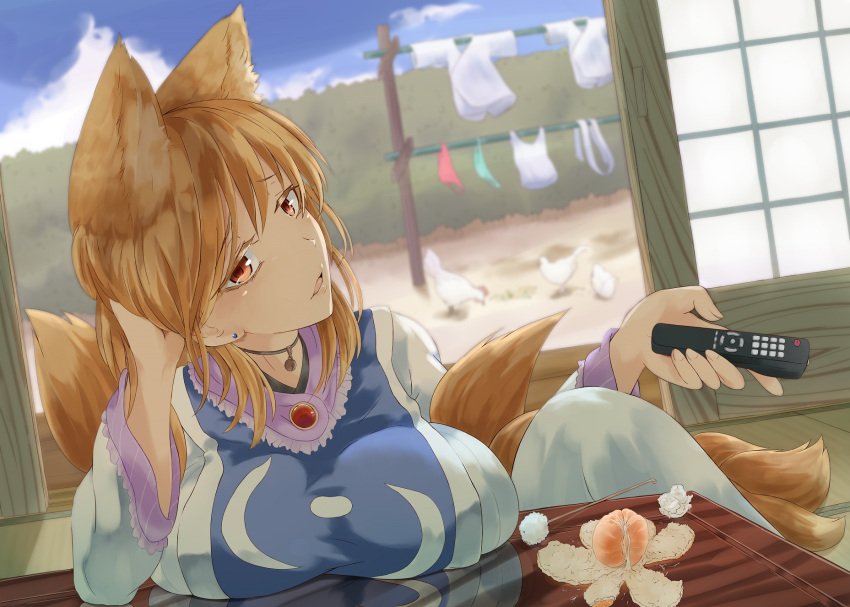 animal_ears animal_humanoid animal_tail apron asian_mythology bell_choker big_breasts blue_apron blue_clothing blush breast_rest breasts canid canid_humanoid canine canine_humanoid choker clothing dipstick_tail ear_piercing east_asian_mythology edf_(pixiv) female food fox_humanoid fruit fur furniture hair hi_res holding_object holding_remote huge_breasts humanoid japanese_mythology jewelry leaning_on_table looking_at_viewer mammal mammal_humanoid markings multi_tail mythology necklace open_mouth orange_(fruit) orange_body orange_fur orange_hair piercing plant ran_yakumo red_eyes short_hair sitting solo table tail tail_markings tailed_humanoid tan_body tan_fur tan_skin touhou yokai