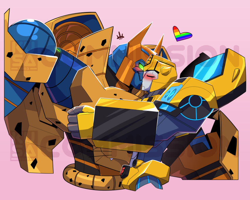 anthro blush bumblebee_(transformers) cheetah cheetor closed_eyes cybertronian duo fangs felid feline green_eyes hasbro heart_symbol hi_res humanoid kiss_on_lips kissing kusakichan15 lgbt_pride machine male male/male mammal markings pride_colors robot robot_humanoid spots spotted_body surprise_kiss takara_tomy teeth transformers transformers:cyberverse watermark