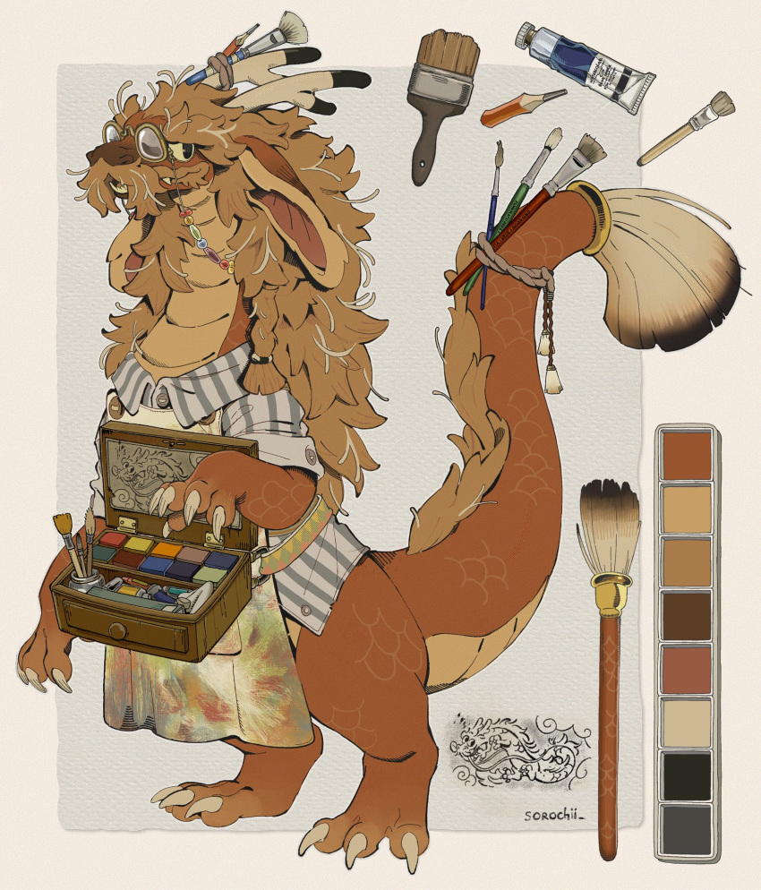 anthro artist brush clothed clothing dragon eastern_dragon eyewear glasses hi_res male mythological_creature mythological_scalie mythology paintbrush paintbrush_tail pencil_(object) scalie solo sorochii