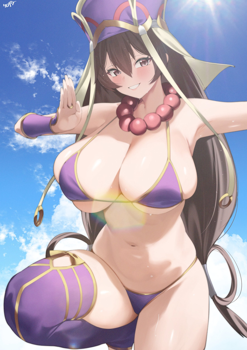 absurdres bare_shoulders bead_necklace beads bikini blue_sky breasts bridal_gauntlets brown_hair cleavage detached_sleeves earrings fate/grand_order fate_(series) female grin hair_between_eyes hat highres hoop_earrings jewelry kurozawa_yui large_breasts long_hair looking_at_viewer necklace prayer_beads purple_bikini purple_eyes purple_hat purple_thighhighs sky smile solo swimsuit thighhighs thighs veil xuangzang_sanzang_(fate)