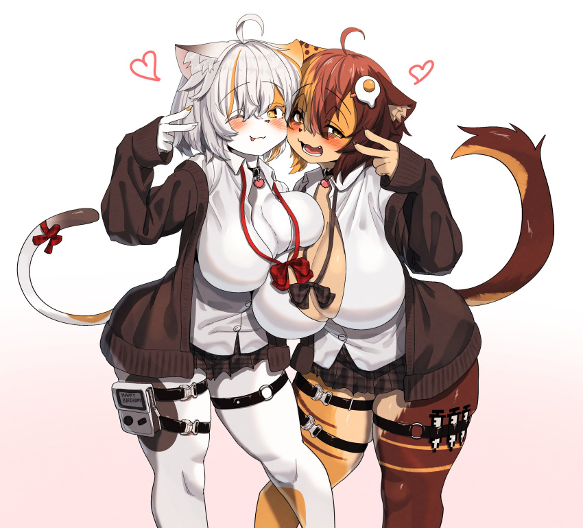 2girls absurdres ahoge animal_ear_fluff animal_ears animal_nose bags_under_eyes blush body_fur breasts brown_fur brown_hair brown_tail commentary_request egg_hair_ornament feet_out_of_frame food-themed_hair_ornament furry hair_between_eyes hair_ornament heart highres huge_breasts kagarimachi_konatsu looking_at_viewer medium_hair multiple_girls nekotsuki_kohime_(kagarimachi_konatsu) open_mouth original thick_thighs thighs v yellow_eyes yellow_fur yellow_tail