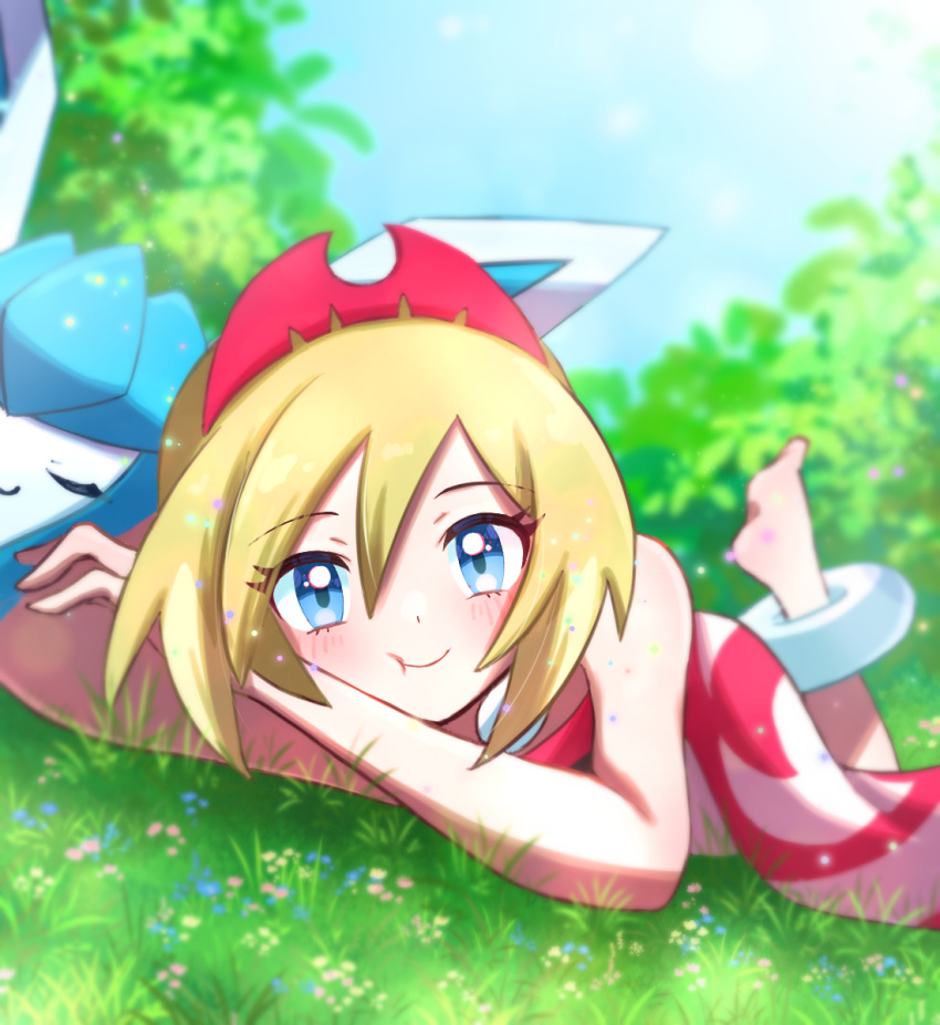 :t anklet barefoot blonde_hair blue_eyes blurry commentary_request day eyelashes female glaceon grass hair_between_eyes hairband highres irida_(pokemon) jewelry looking_at_viewer lying neck_ring on_stomach outdoors pokemon pokemon_(creature) pokemon_legends:_arceus shirt shorts sky waist_cape yngon_(hwxf5232)