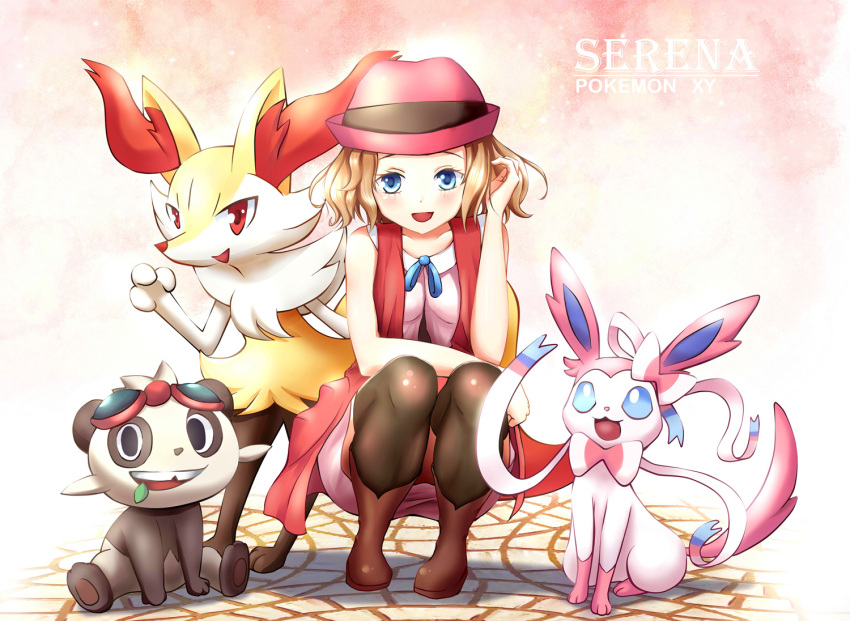 bare_arms black_eyes blue_eyes blue_ribbon blush boots bow braixen brown_footwear brown_hair eyewear_on_head female hat hurt_(anidraw) looking_at_viewer open_mouth pancham pokemon pokemon_(anime) pokemon_(creature) pokemon_xy_(anime) red_eyes ribbon serena_(pokemon) short_hair sitting smile sunglasses sylveon thighhighs