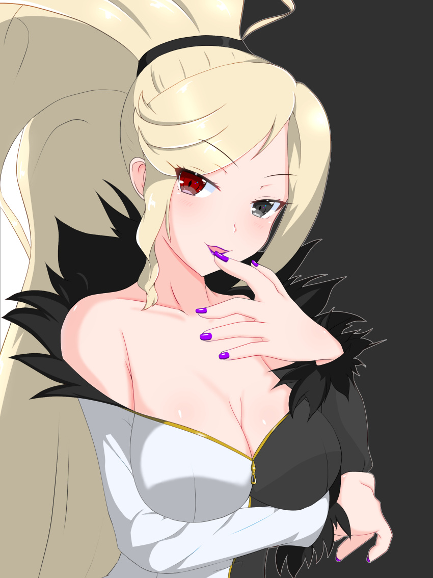 absurdly_long_hair absurdres bare_shoulders black_background black_eyes blonde_hair breasts cleavage dress female fur_trim heterochromia high_ponytail highres hilda_(under_night_in-birth) large_breasts long_dress long_hair looking_at_viewer multicolored_clothes multicolored_dress off-shoulder_dress off_shoulder ponytail purple_lips purple_nails red_eyes roy_rx simple_background smile solo swept_bangs two-tone_dress under_night_in-birth very_long_hair