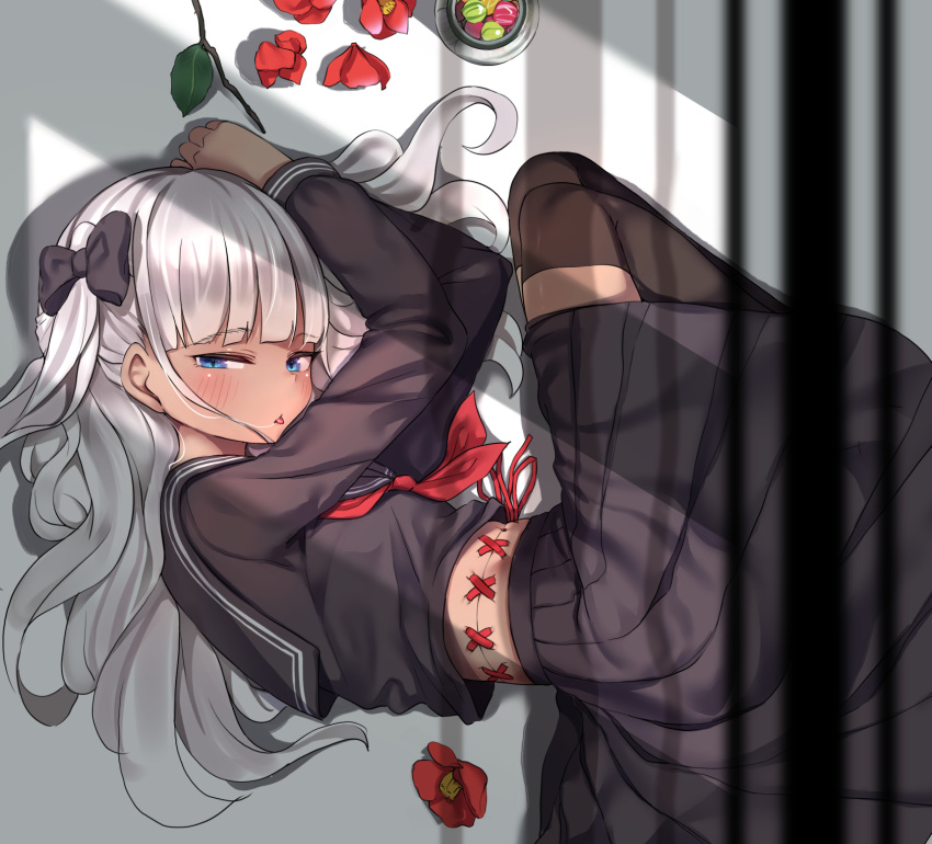 arms_up black_bow black_sailor_collar black_serafuku black_skirt black_thighhighs blue_eyes blunt_bangs blush bow dark_skin day female fetal_position flower from_above from_side hairbow half-closed_eyes highres indoors isemori long_hair long_sleeves looking_at_viewer lying medium_skirt midriff navel neckerchief on_side original pleated_skirt red_flower red_neckerchief sailor_collar school_uniform serafuku skirt sleeves_past_wrists solo stitched_torso stitches thighhighs tongue tongue_out white_hair window_shadow zettai_ryouiki