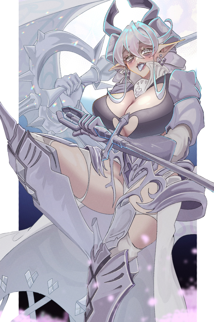 absurdres armor border breasts cleavage cowboy_shot drill_hair dual_wielding duel_monster earrings female full_moon grey_eyes grey_hair haijiru_0616 highres holding holding_sword holding_weapon jewelry lady_labrynth_of_the_silver_castle large_breasts lovely_labrynth_of_the_silver_castle moon night pointy_ears solo sword tongue tongue_out twin_drills weapon white_border yu-gi-oh!