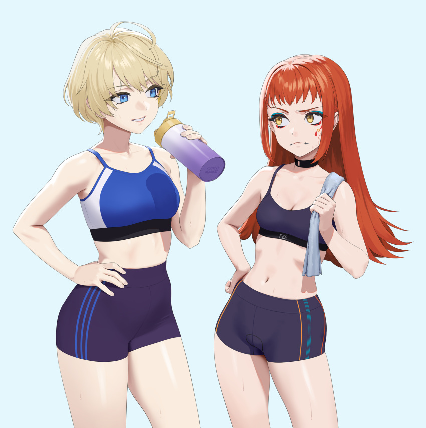 2girls absurdres ahoge bare_arms bare_shoulders bike_shorts black_choker black_shorts black_sports_bra blonde_hair blue_eyes blue_sports_bra bottle breasts carlo_montie choker cleavage closed_mouth collarbone commission contemporary cowboy_shot eye_contact eyeshadow facepaint fire_emblem fire_emblem_engage hand_on_own_hip highres holding holding_bottle long_hair looking_at_another makeup medium_breasts merrin_(fire_emblem) multiple_girls navel panette_(fire_emblem) parted_lips red_hair shorts simple_background small_breasts smile sports_bra sweat towel_on_one_shoulder v-shaped_eyebrows white_background yellow_eyes