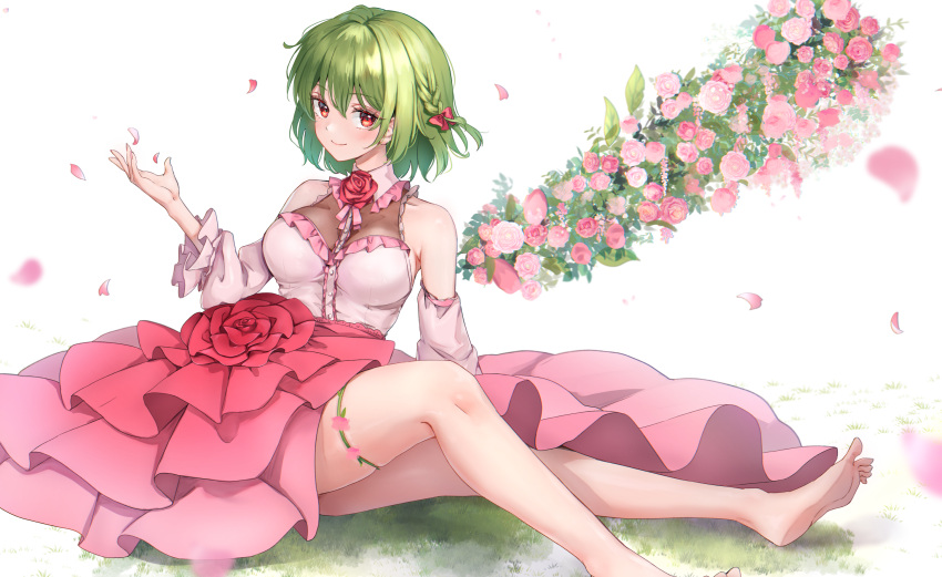 alternate_costume arm_support bare_legs bare_shoulders barefoot blurry bow braid commentary_request covered_collarbone depth_of_field detached_sleeves dress falling_petals feet female flower foot_out_of_frame from_side grass green_hair hairbow highres kazami_yuuka layered_dress looking_at_viewer petals pink_bow pink_dress puffy_sleeves red_eyes red_flower red_rose rose rose_petals shironeko_yuuki single_braid sitting smile solo toes touhou white_background