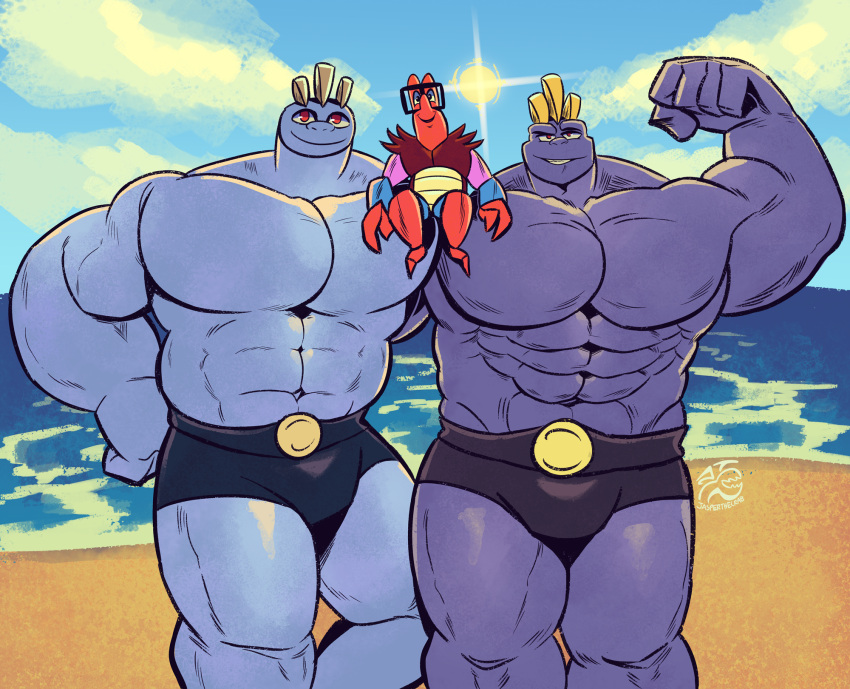 animal_humanoid arthropod arthropod_humanoid beach blue_body crab crustacean crustacean_humanoid decapoda flexing flexing_bicep generation_1_pokemon group hand_behind_back hand_on_hip hi_res humanoid jasperthecrab lens_flare machoke malacostracan male male/male marine muscular muscular_male nintendo pokemon pokemon_(species) purple_body red_eyes sitting_on_shoulders size_difference trio