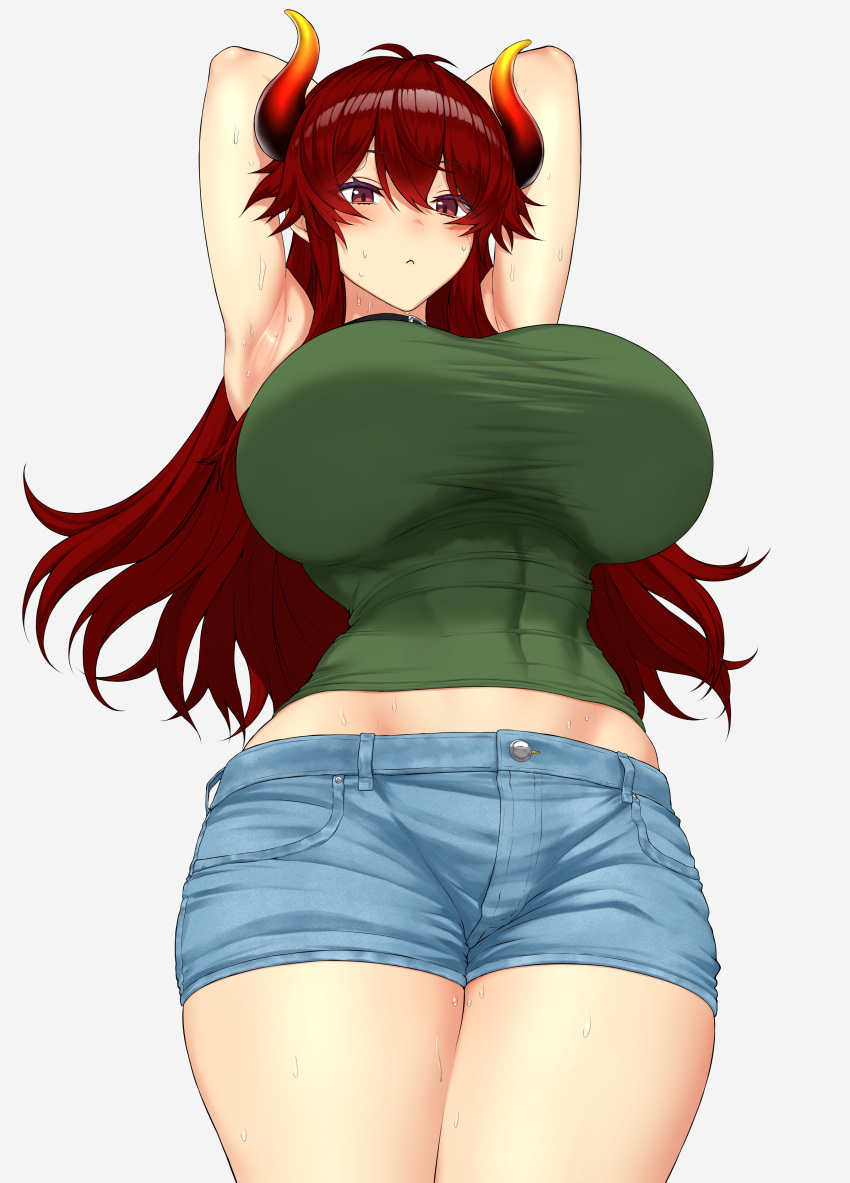 absurdres alternate_costume blue_shorts breasts closed_mouth denim denim_shorts dola_(nijisanji) dragon_girl dragon_horns female green_shirt highres horns karasu_(jjwh2832) large_breasts long_hair looking_at_viewer nijisanji red_eyes red_hair shirt shorts simple_background solo standing tank_top virtual_youtuber white_background