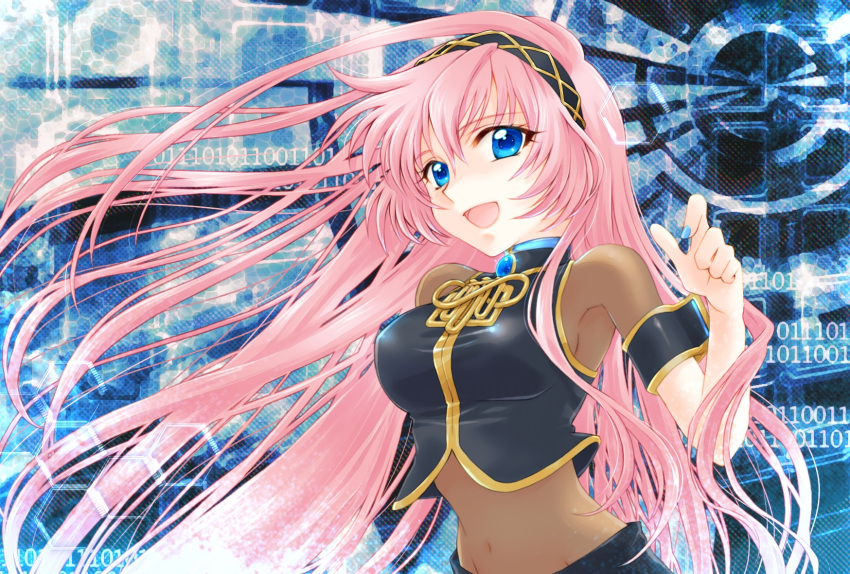 :d aizen_(syoshiyuki) armlet black_hairband blue_eyes blue_nails breasts commentary_request female floating_clothes floating_hair hairband highres honeycomb_(pattern) honeycomb_background jewelry long_hair looking_at_viewer medium_breasts megurine_luka midriff navel open_mouth pink_hair see-through_clothes see-through_sleeves sideboob smile solo upper_body very_long_hair vocaloid