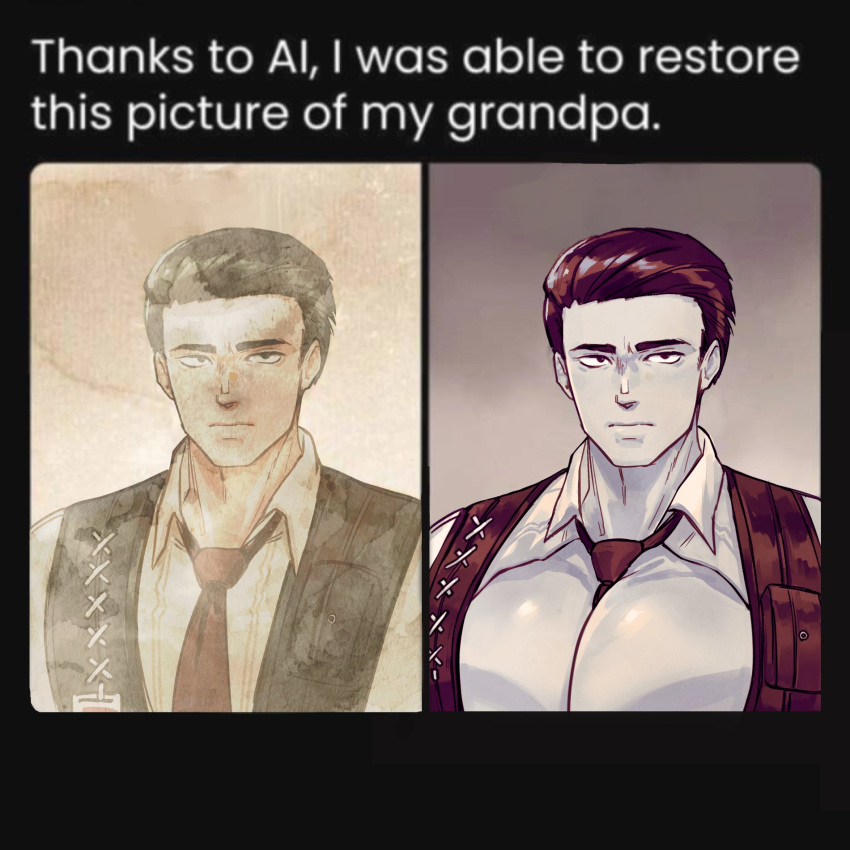 1boy ai-generated_art_(topic) between_pectorals black_background black_hair black_vest comparison english_text highres huge_pectorals id_photo kazunumo limbus_company looking_at_viewer male_focus manboobs meme meursault_(project_moon) necktie necktie_between_pectorals partially_colored pectorals project_moon red_necktie sepia shirt short_hair solo twitter_screenshot upper_body vest white_shirt