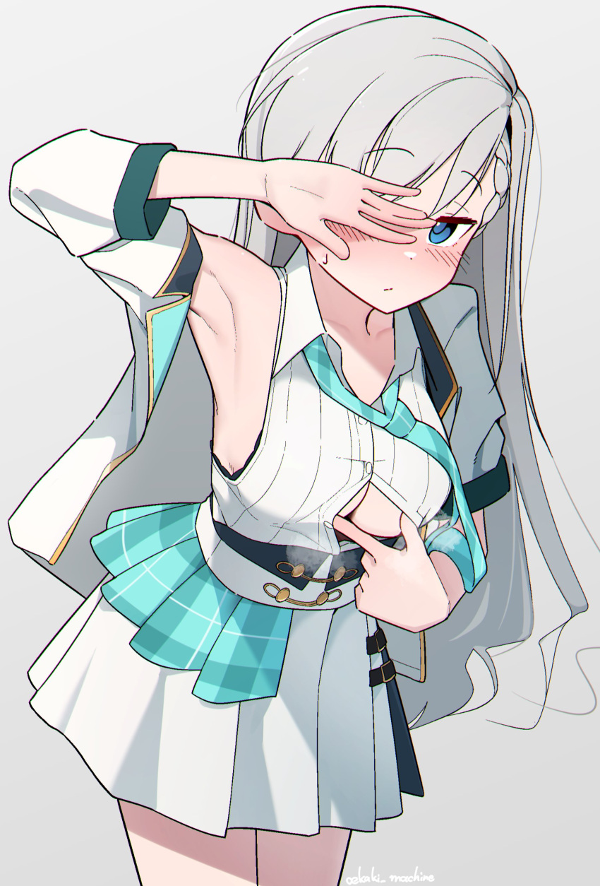 absurdres aqua_necktie aqua_overskirt arm_up armpits black_bra blush bra bra_peek breasts female grey_hair highres hisakawa_hayate idolmaster idolmaster_cinderella_girls jacket looking_at_viewer loose_necktie medium_breasts necktie oekaki_machine paizuri_invitation pleated_skirt ribbed_shirt shirt simple_background skirt sleeveless sleeveless_shirt solo underwear white_jacket white_shirt white_skirt