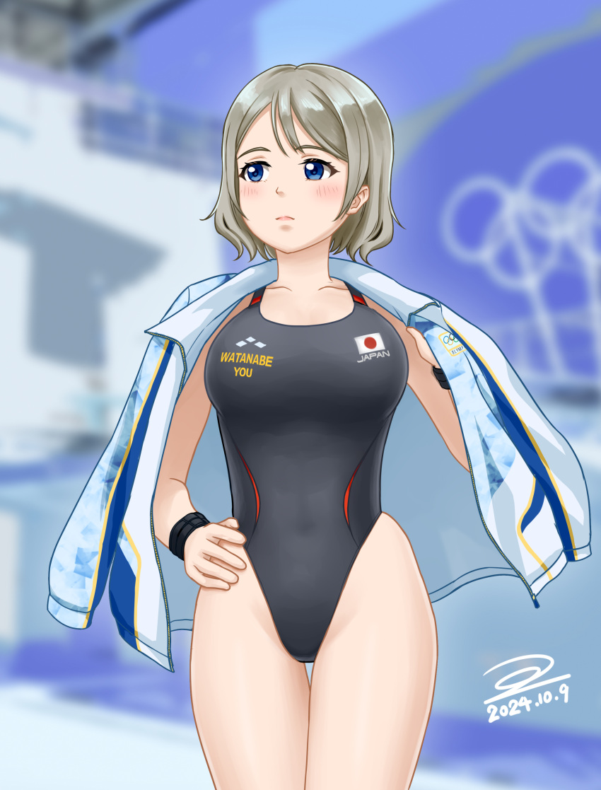 absurdres black_one-piece_swimsuit breasts commentary_request competition_swimsuit cowboy_shot dated female flying_tiger highleg highleg_one-piece_swimsuit highres jacket jacket_on_shoulders japanese_flag love_live! love_live!_sunshine!! medium_breasts olympics one-piece_swimsuit signature solo standing swimsuit watanabe_you white_jacket