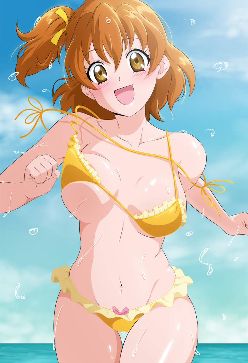 bikini bouncing_breasts breasts brown_hair day female fresh_precure! frilled_bikini frills fuchi_(nightmare) hair_ornament highres medium_breasts navel ocean open_mouth outdoors precure running shiny_skin short_hair skindentation smile solo standing swimsuit thighs untied_bikini wardrobe_malfunction water wet yamabuki_inori yellow_bikini yellow_eyes