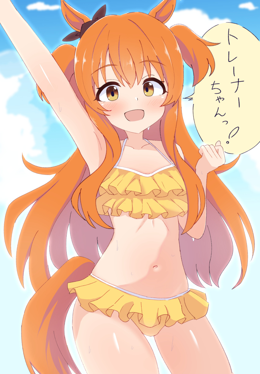 absurdres animal_ears arm_up armpits blush breasts clenched_hand highres horse_ears horse_girl horse_tail looking_at_viewer mayano_top_gun_(umamusume) navel okomesuihanki orange_eyes orange_hair sky small_breasts sweat swimsuit tail translation_request umamusume