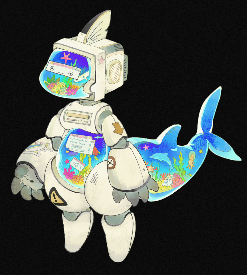 ambiguous_gender anthro black_background fish for_a_head frutiger_aero hi_res machine marine o_o object_head robot robot_anthro shark simple_background solo sorochii