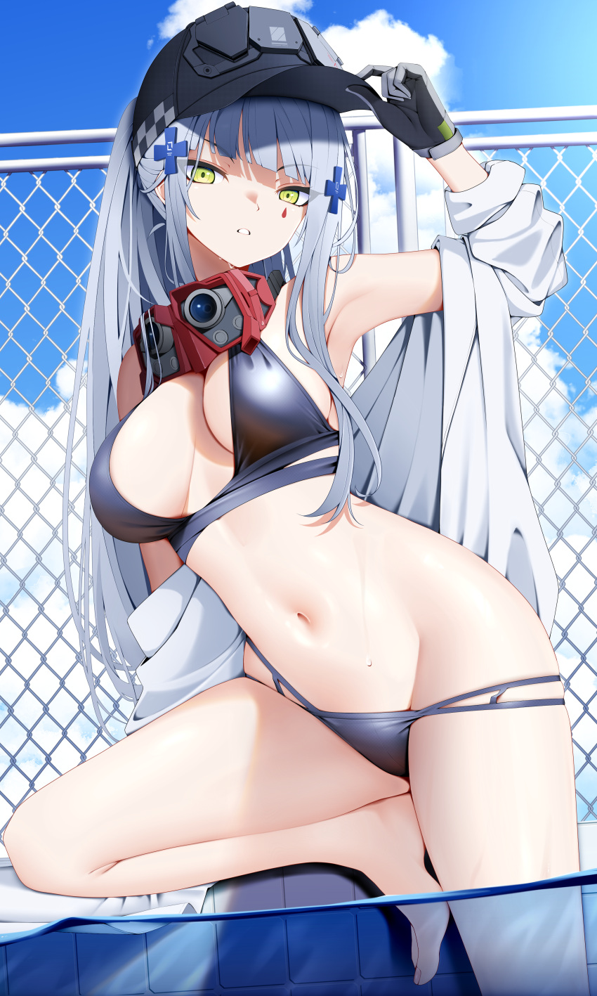 absurdres barefoot bikini black_bikini black_hat blue_sky breasts cloud day female fence girls'_frontline green_eyes grey_hair hat highres hk416_(girls'_frontline) long_hair looking_at_viewer medium_breasts navel outdoors partially_submerged pool sky solo swimsuit wet z.taiga