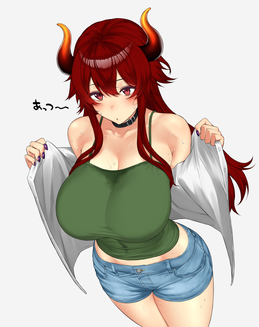 absurdres alternate_costume blue_shorts breasts closed_mouth cropped_legs denim denim_shorts dola_(nijisanji) dragon_girl dragon_horns female green_shirt hair_between_eyes highres horns karasu_(jjwh2832) large_breasts long_hair long_sleeves looking_at_viewer nijisanji red_eyes red_hair shirt shorts sidelocks simple_background solo standing sweat tank_top virtual_youtuber white_background white_shirt