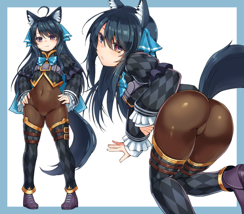 ahoge animal_ear_fluff animal_ears argyle_clothes argyle_legwear argyle_shirt argyle_thighhighs black_footwear black_hair black_shrug blush bodystocking bodysuit borrowed_character breasts brown_bodysuit cat_ears cat_girl chest_belt commission covered_navel detached_pants female gold_trim gradient_eyes hair_ribbon hands_on_own_hips impossible_bodysuit impossible_clothes long_hair long_sleeves looking_at_viewer multicolored_eyes original presenting_ass red_eyes ribbon see-through_bodystocking shiro_maru shrug_(clothing) simple_background small_breasts smile solo standing svartlilja_(vrchat) tail vrchat