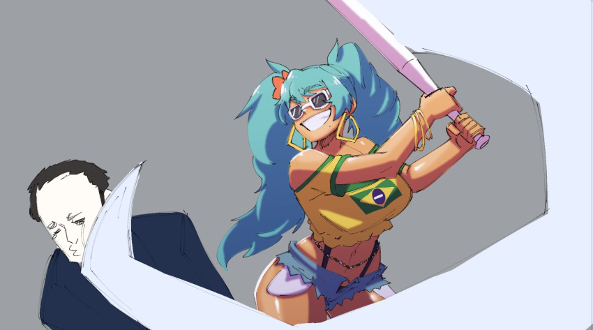 1boy baseball_bat black_hair blue_hair brazilian_flag brazilian_miku brazilian_twitter_ban breasts cosmikaizer cropped_shirt dark-skinned_female dark_skin denim denim_shorts earrings elon_musk english_commentary female grey_background hatsune_miku hitting holding holding_baseball_bat jewelry medium_breasts midriff mole mole_under_mouth navel parted_lips real_life shirt short_shorts shorts smile sunglasses suspenders swinging twintails vocaloid yellow_shirt