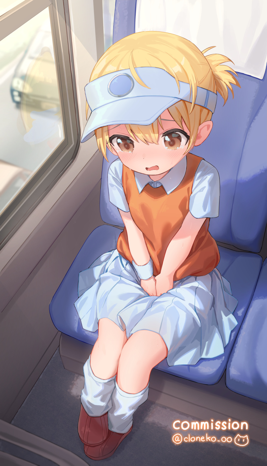 blonde_hair blue_hat blue_skirt blush brown_eyes bus_interior cloneko_(zelmeledf2) commission dot_nose embarrassed female hat have_to_pee highres legs_together let's_golf loose_socks open_mouth orange_vest pleated_skirt red_footwear reflection shirt shoes short_ponytail short_sleeves side_ponytail sitting skeb_commission skirt socks solo tearing_up twitter_username v_arms vest visor_cap window wristband