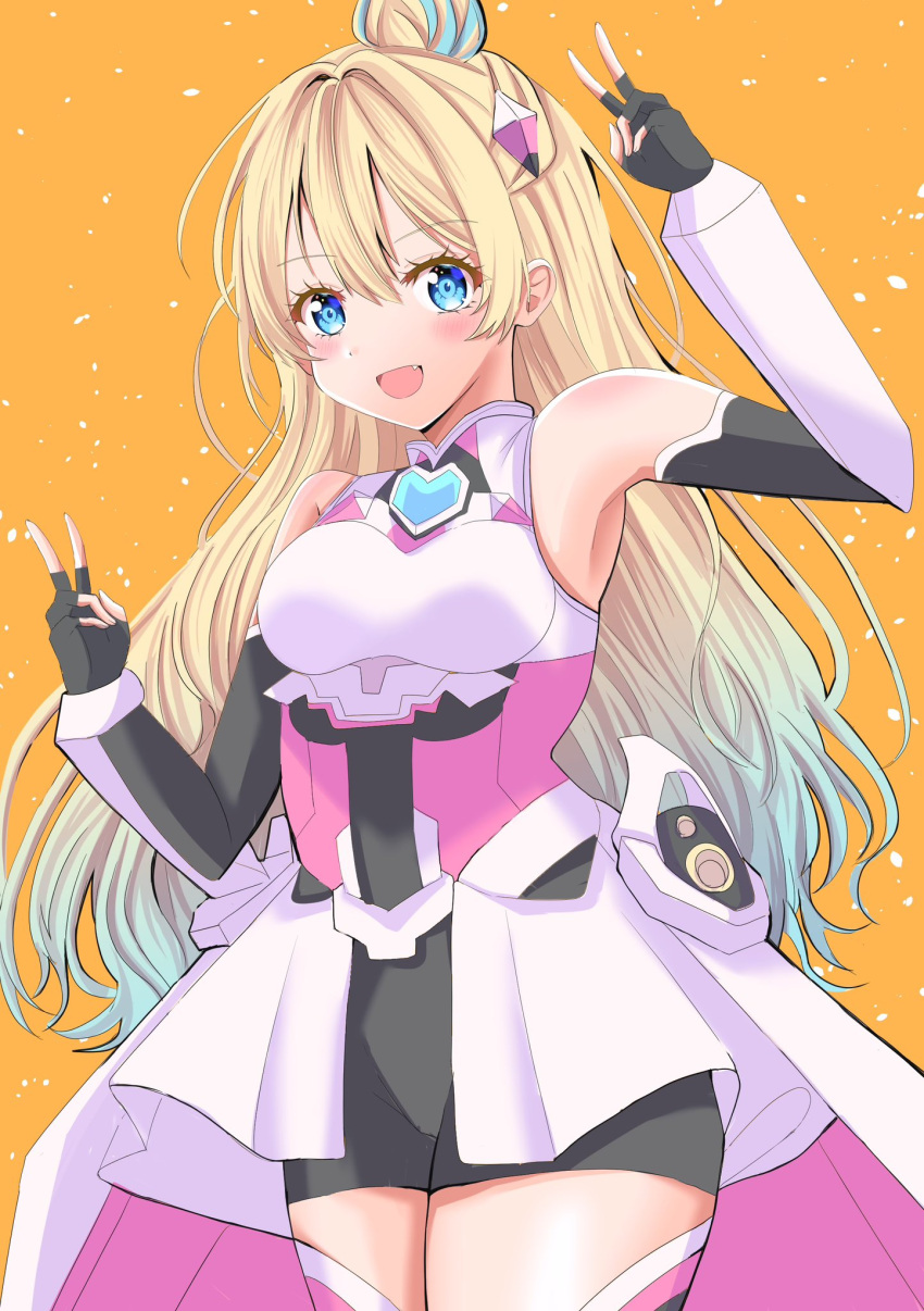 :d arm_up armor armpits bike_shorts black_gloves black_shorts blonde_hair blue_eyes blue_hair blush breasts commentary cowboy_shot double-parted_bangs double_v elbow_gloves fanfare!!!_(love_live!) female fingerless_gloves gloves gradient_hair hair_bun headpiece highres light_blue_hair link!_like!_love_live! long_hair looking_at_viewer love_live! medium_breasts meimaru multicolored_hair official_alternate_costume official_alternate_hairstyle open_mouth orange_background osawa_rurino shorts simple_background single_hair_bun smile solo streaked_hair v virtual_youtuber white_armor