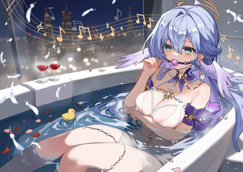 alcohol alternate_costume arm_under_breasts artist_name ball_gag bare_shoulders bath bathing bathtub bikini blue_hair breasts city_lights cityscape cleavage collar commentary_request cup dated detached_sleeves drinking_glass earrings falling_feathers feathered_wings feathers female gag gagged green_eyes halo halterneck hand_up head_wings highres honkai:_star_rail honkai_(series) indoors jewel_under_eye jewelry kkkula_(kula) large_breasts long_hair looking_at_viewer mechanical_halo musical_note night night_sky paid_reward_available partially_submerged petals purple_collar purple_sleeves robin_(honkai:_star_rail) rubber_duck sky solo staff_(music) swimsuit white_bikini window wine wine_glass wings