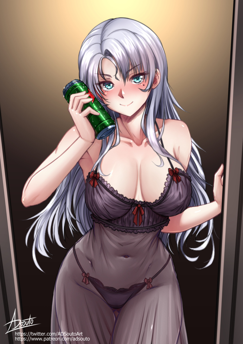 adsouto aqua_eyes beer_can blush boku_wa_tomodachi_ga_sukunai breasts can collarbone drink_can female grey_hair highres holding holding_can long_hair looking_at_viewer medium_breasts mole mole_under_eye nightgown see-through_clothes signature solo standing takayama_kate underwear