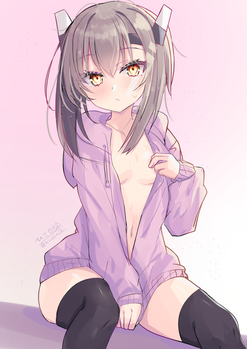 absurdres black_thighhighs breasts brown_hair cardigan feet_out_of_frame female gradient_background headband headgear highres hizaka hood hooded_sweater kantai_collection naked_sweater open_cardigan open_clothes pink_background pink_sweater red_eyes short_hair short_hair_with_long_locks small_breasts solo sweater taihou_(kancolle) thighhighs