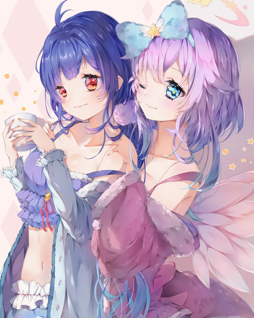 2girls ahoge angel blue_hair bow chong_camellia crop_top cup feathered_wings fur-trimmed_jacket fur_trim gradient_hair halo highres holding holding_cup jacket jacket_partially_removed long_hair luca_(shironeko_project) multicolored_hair multiple_girls navel noa_(shironeko_project) pink_hair red_eyes shironeko_project short_hair sleepwear smile star_(symbol) wings