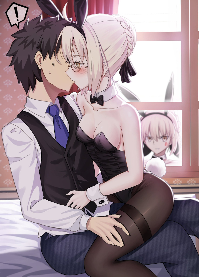 ! 1boy 2girls anger_vein animal_ear_hairband animal_ears artoria_pendragon_(fate) black_bow black_bowtie black_leotard black_pantyhose black_vest blue_necktie bow bowtie collar collared_shirt commentary commission detached_collar dress_shirt english_commentary fake_animal_ears fake_tail fate/grand_order fate/stay_night fate_(series) fujimaru_ritsuka_(male) fujimaru_ritsuka_(male)_(anniversary_blonde) glasses hairband highleg highleg_leotard highres kissing leotard longdq3008 multiple_girls mysterious_heroine_x_alter_(fate) necktie pants pantyhose playboy_bunny rabbit_ear_hairband rabbit_ears rabbit_tail saber_alter shirt sitting straddling tail traditional_bowtie vest white_collar white_shirt