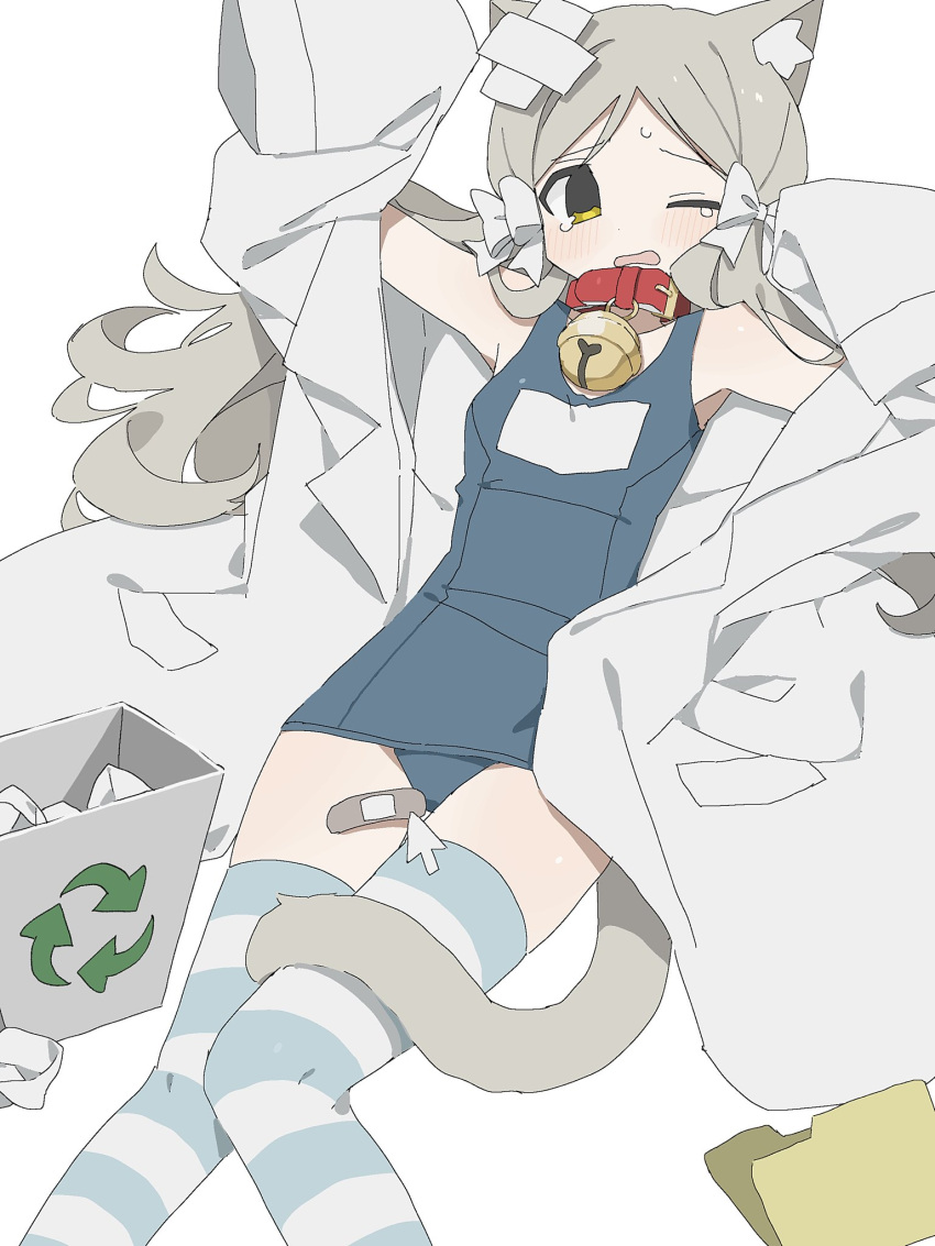 01sh110sush1 animal_collar animal_ears armpits bandaid_on_thigh bell blue_one-piece_swimsuit blush breasts cat_ears cat_tail choker collar crumpled_paper cursor dot_nose fake_animal_ears fake_tail feet_out_of_frame female fluffy_hair grey_hair hair_ribbon handa_roco highres idolmaster idolmaster_million_live! idolmaster_million_live!_theater_days jingle_bell lab_coat long_hair looking_at_viewer lying messy_hair name_tag neck_bell off_shoulder on_back one-piece_swimsuit one_eye_closed open_mouth oversized_clothes parted_bangs red_choker ribbon school_swimsuit sleeves_past_fingers sleeves_past_wrists small_breasts solo striped_clothes striped_thighhighs sweatdrop swimsuit tail tearing_up thighhighs trash_can twintails very_long_hair wavy_hair wavy_mouth white_ribbon zet