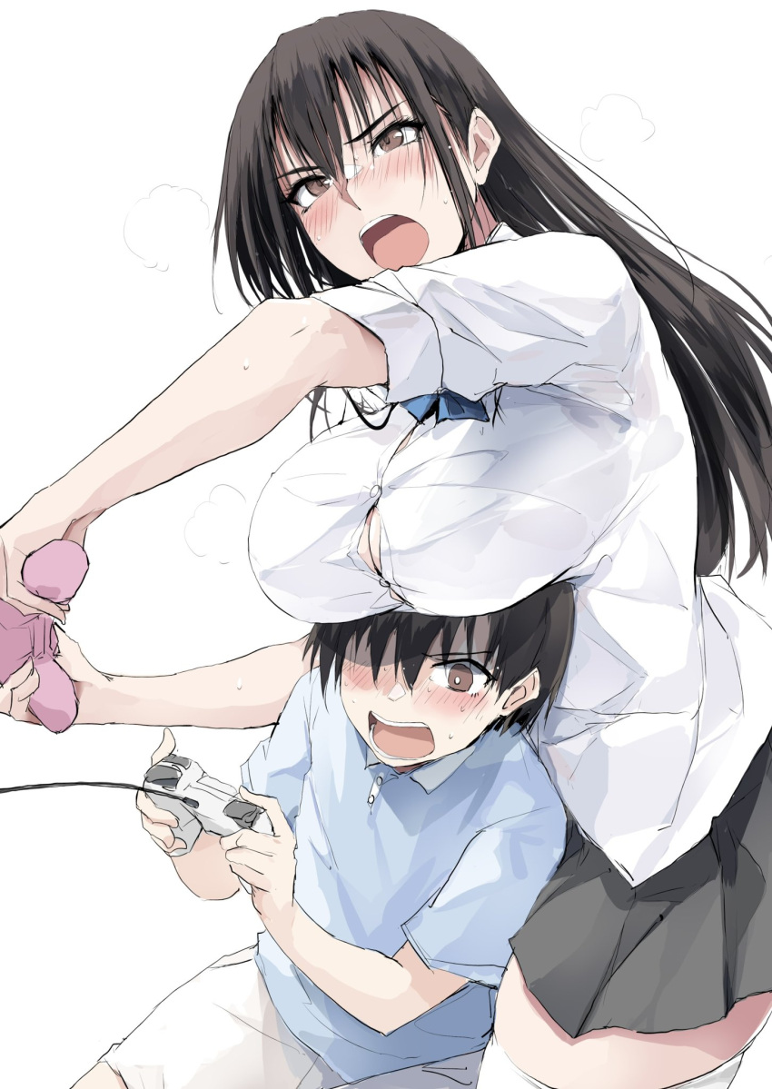 1boy black_hair blue_bow blue_shirt blush bow breasts brown_eyes cleavage commentary_request controller female game_controller gamepad grey_skirt hair_between_eyes hair_over_one_eye height_difference highres large_breasts long_hair looking_to_the_side open_mouth original shirt short_hair shorts skirt sweatdrop thick_thighs thighhighs thighs white_background white_shirt white_shorts white_thighhighs zekkyon