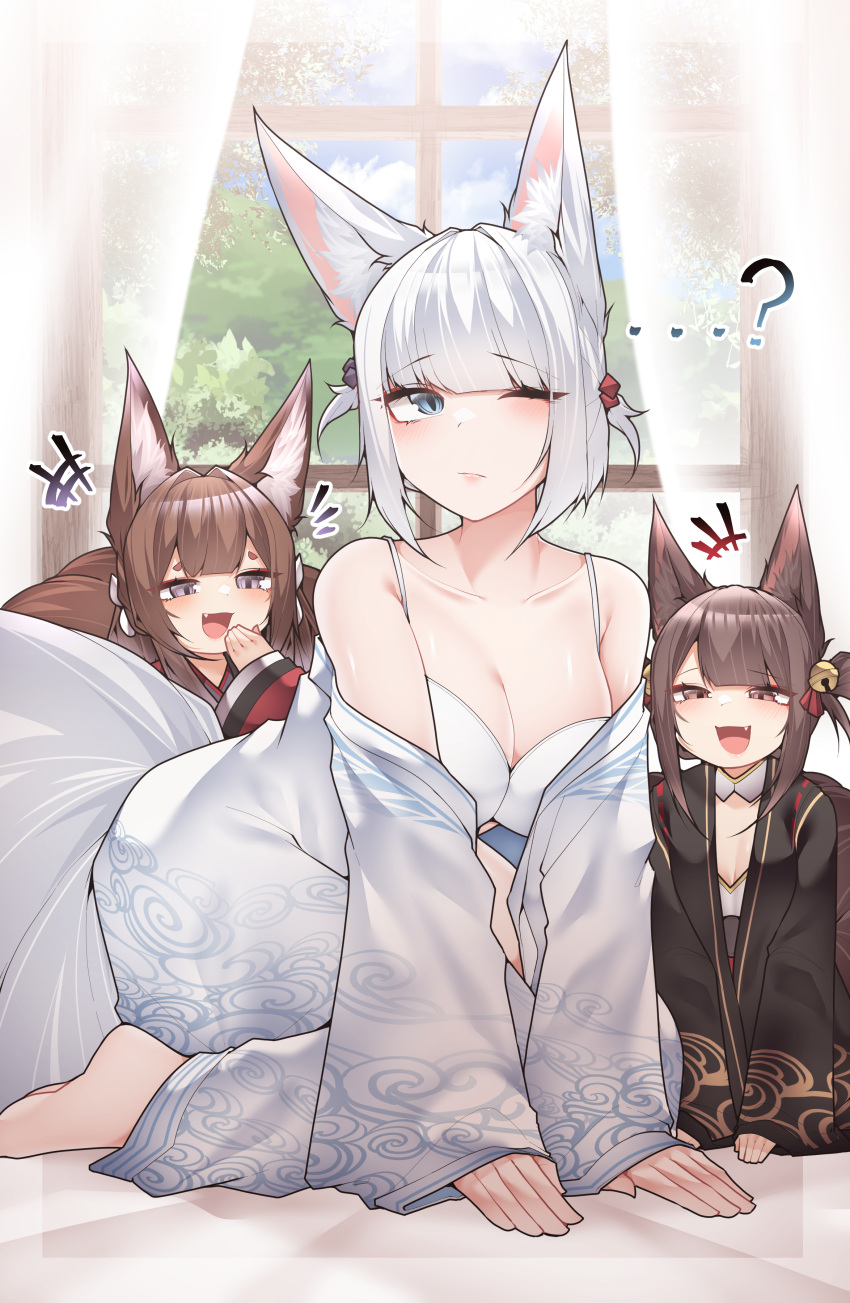 3girls :d ;( ;/ absurdres akagi-chan_(azur_lane) alternate_hairstyle amagi-chan_(azur_lane) animal_ears azur_lane bare_shoulders bell bent_over black_kimono blue_eyes blush breasts brown_hair cleavage eyeshadow flower fox_ears fox_girl fox_tail full_body hair_bell hair_between_eyes hair_flower hair_ornament half-closed_eyes highres indoors japanese_clothes kaga_(azur_lane) kimono kimono_pull kitsune kneeling long_hair makeup medium_breasts medium_hair multiple_girls multiple_tails oerba_yun_fang off_shoulder orange_eyes prank purple_eyes red_eyeshadow red_kimono samip sleepy slit_pupils small_breasts smile smug tail twintails waking_up white_flower white_hair white_kimono wide_sleeves