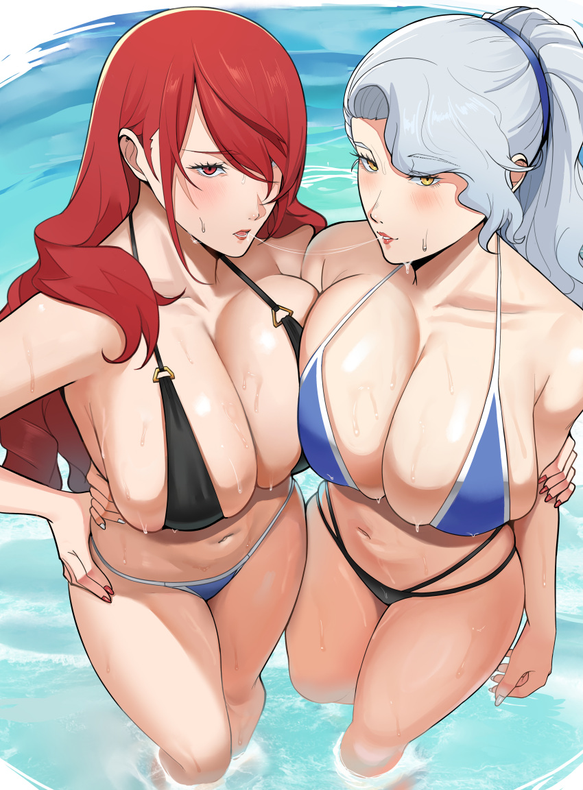 2girls absurdres after_kiss arm_around_waist asymmetrical_docking bikini black_bikini blue_bikini breast_press breasts cleavage dnumde grey_hair hair_over_one_eye highres huge_breasts in-franchise_crossover kirijou_mitsuru long_hair margaret_(persona) multiple_girls navel outdoors persona persona_3 persona_4 ponytail red_eyes red_hair red_nails saliva saliva_trail swimsuit wading wet yellow_eyes yuri