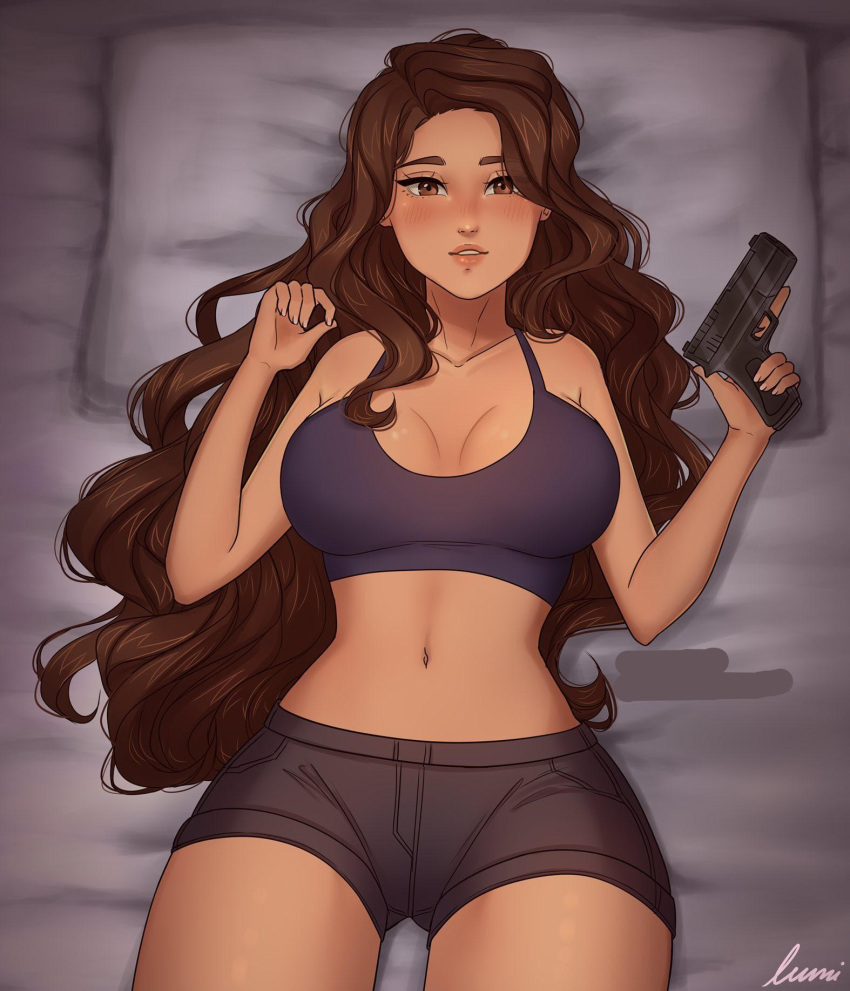 1girls aches artist_signature bed big_breasts breasts cleavage e-girl female female_focus female_only gamer_girl gun hourglass_figure long_hair looking_at_viewer lumiixq lying_down lying_on_back midriff pinup tan-skinned_female thick_thighs youtube youtuber