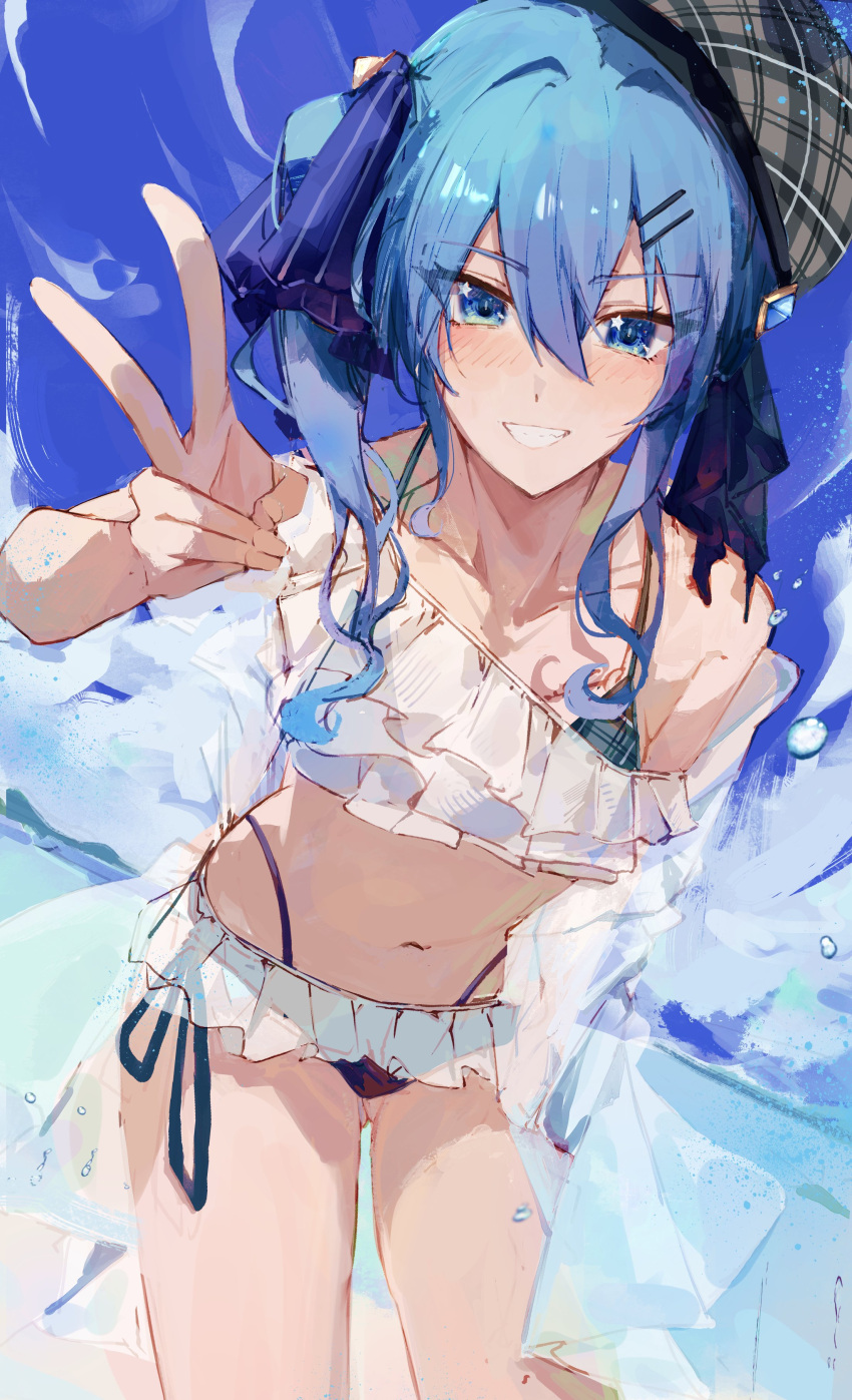 absurdres alternate_costume beach bikini blue_eyes blue_hair female grey_hat hair_between_eyes hat highres hololive hoshimachi_suisei jewelry looking_at_viewer midriff plaid_hat smile solo star_(symbol) star_in_eye swimsuit symbol_in_eye v virgo76612871 virtual_youtuber wet